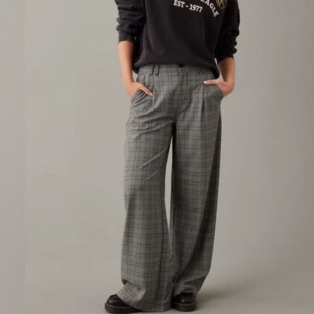American Eagle Wide Leg Trouser Pants Brown Grey Glen Plaid High Rise Stretch 10